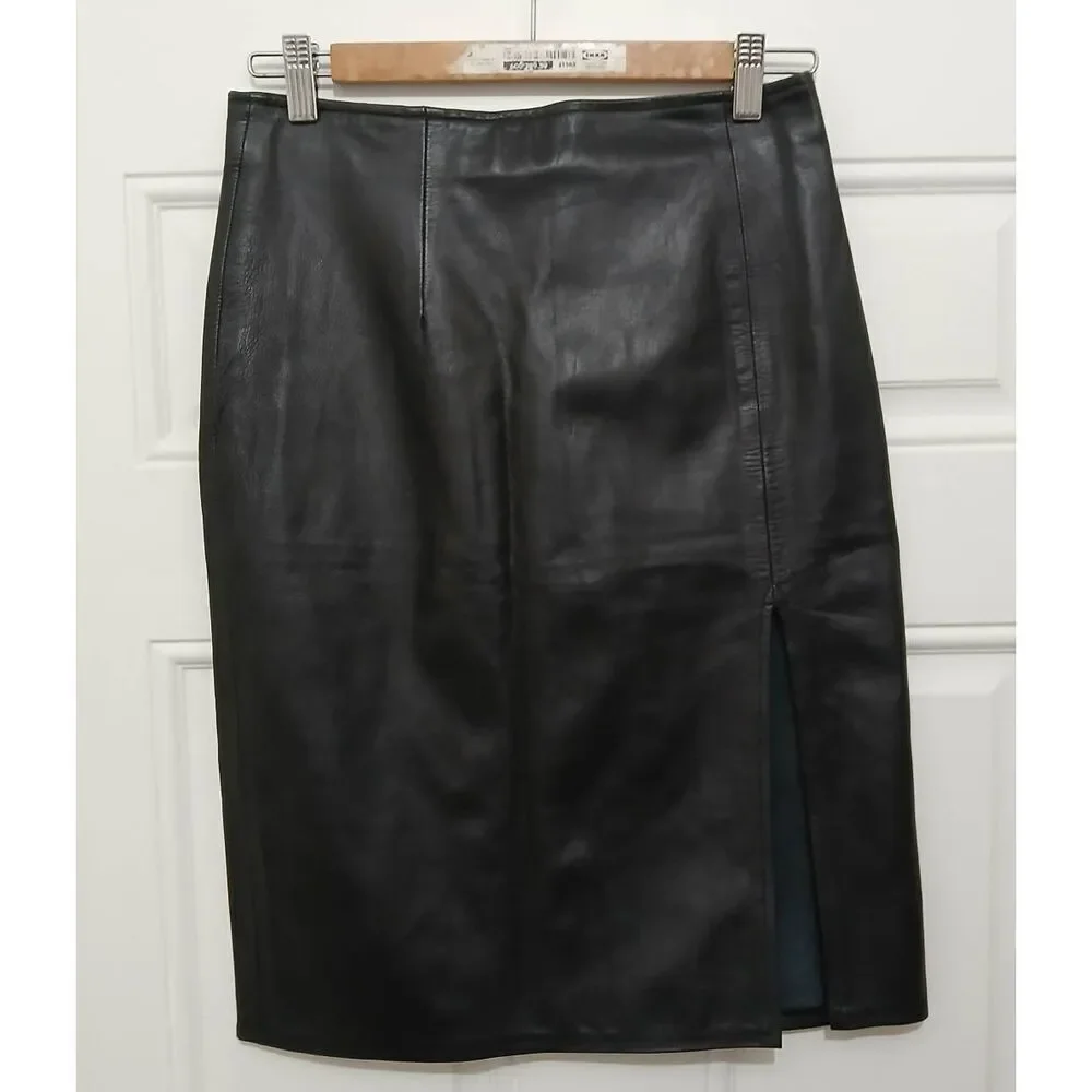 Madras women size small 28 waist Italian leather pencil skirt black split front